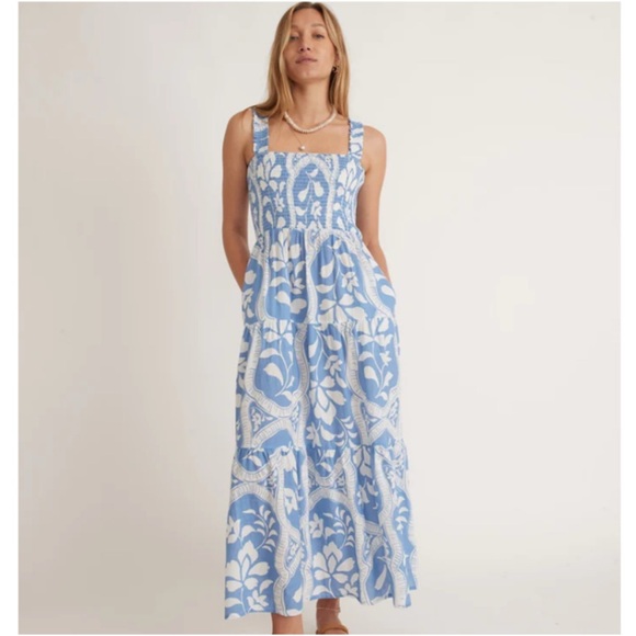 Marine Layer Selene Maxi Dress Oaxacan Tile Print Sz XL blue white linen floral - Picture 1 of 14